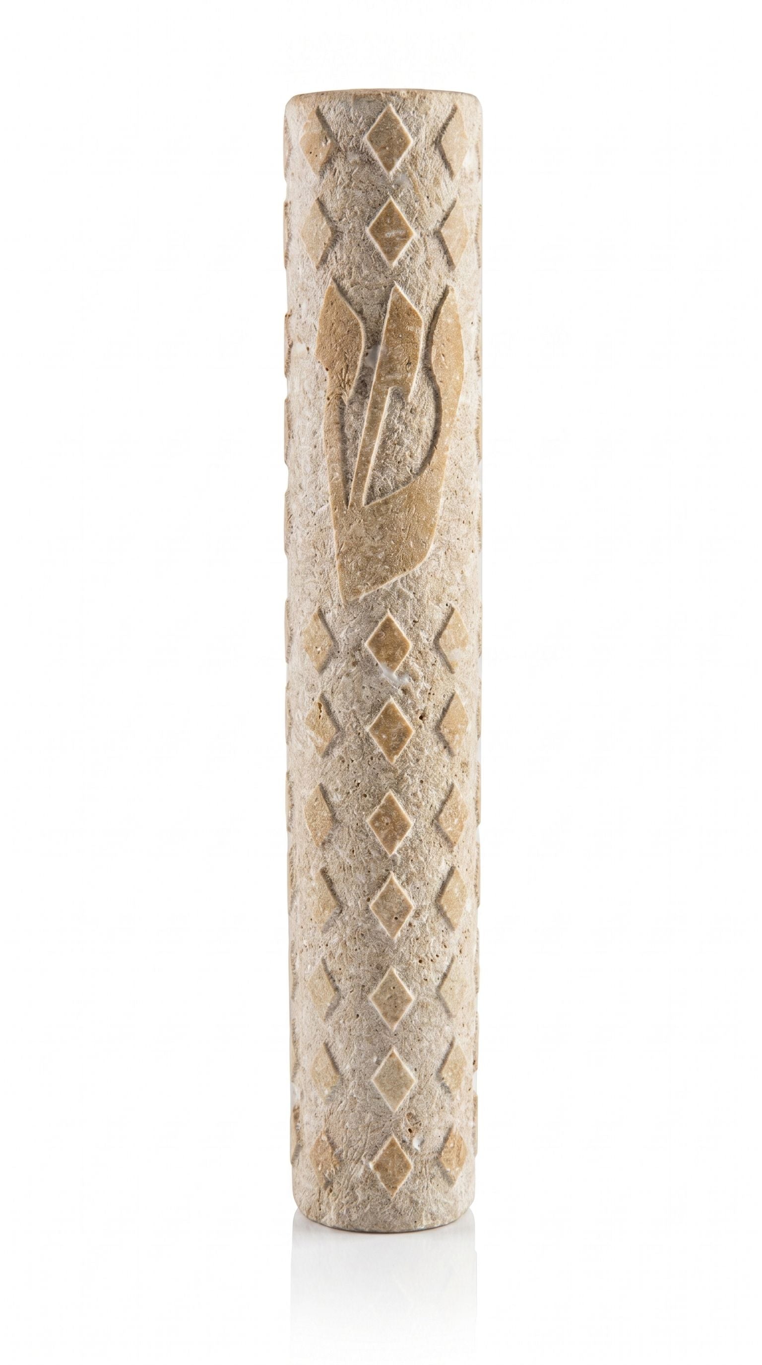 Handcrafted Jerusalem Stone mezuzah with natural variations, engraved Hebrew letters, decorative motifs, and a polished finish, suitable for home entrance.