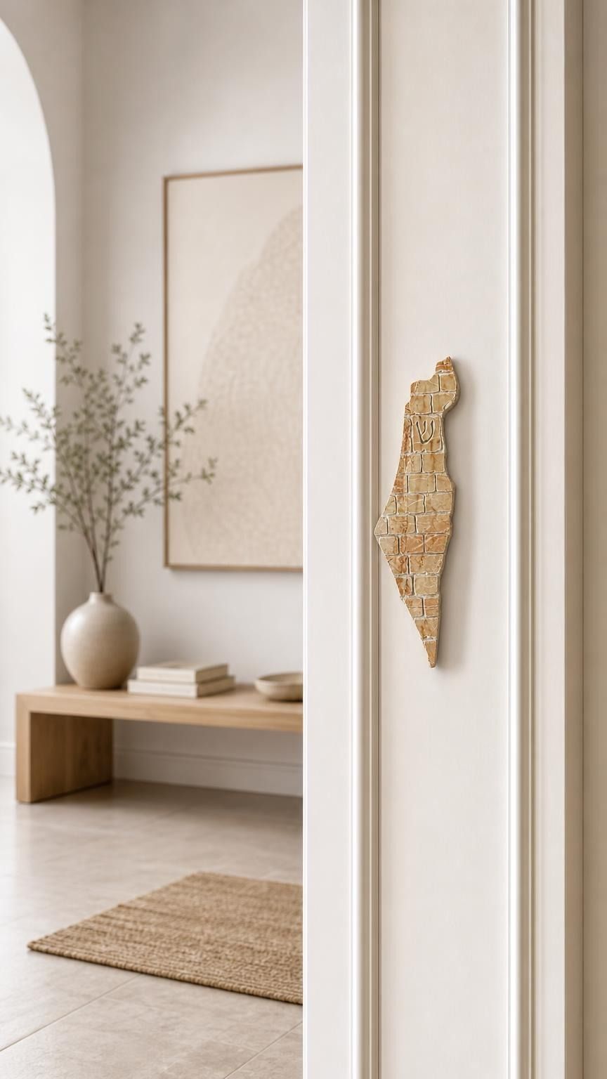 Eretz Yisrael Jerusalem stone mezuzah mounted on the upper third of a house doorframe.