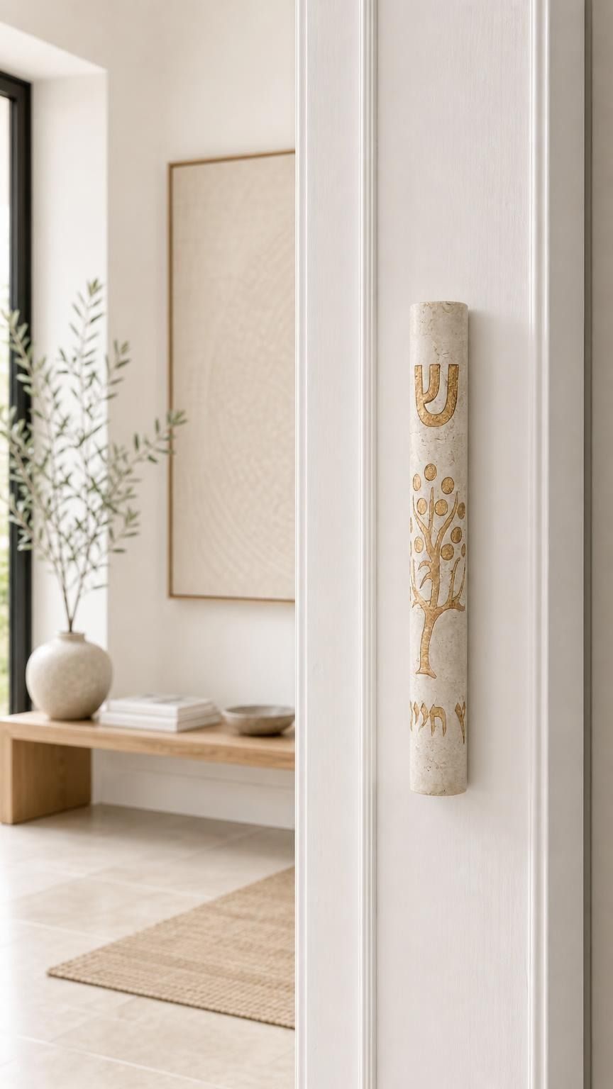 Etz Chaim cream stone mezuzah mounted on a living room doorway doorpost.