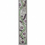 Petite floral Mezuzah with jewel-toned embellishments on a metal base, measuring 3.4 inches tall, displayed on a clean white studio surface with a soft reflection.