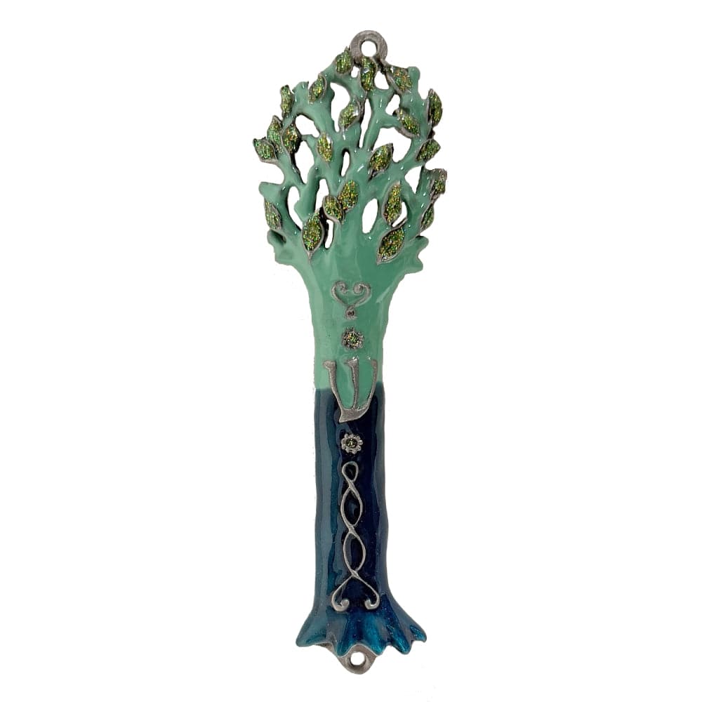 Hand painted pewter Tree of Life mezuzah case with green and blue enamel and a silver Shin.