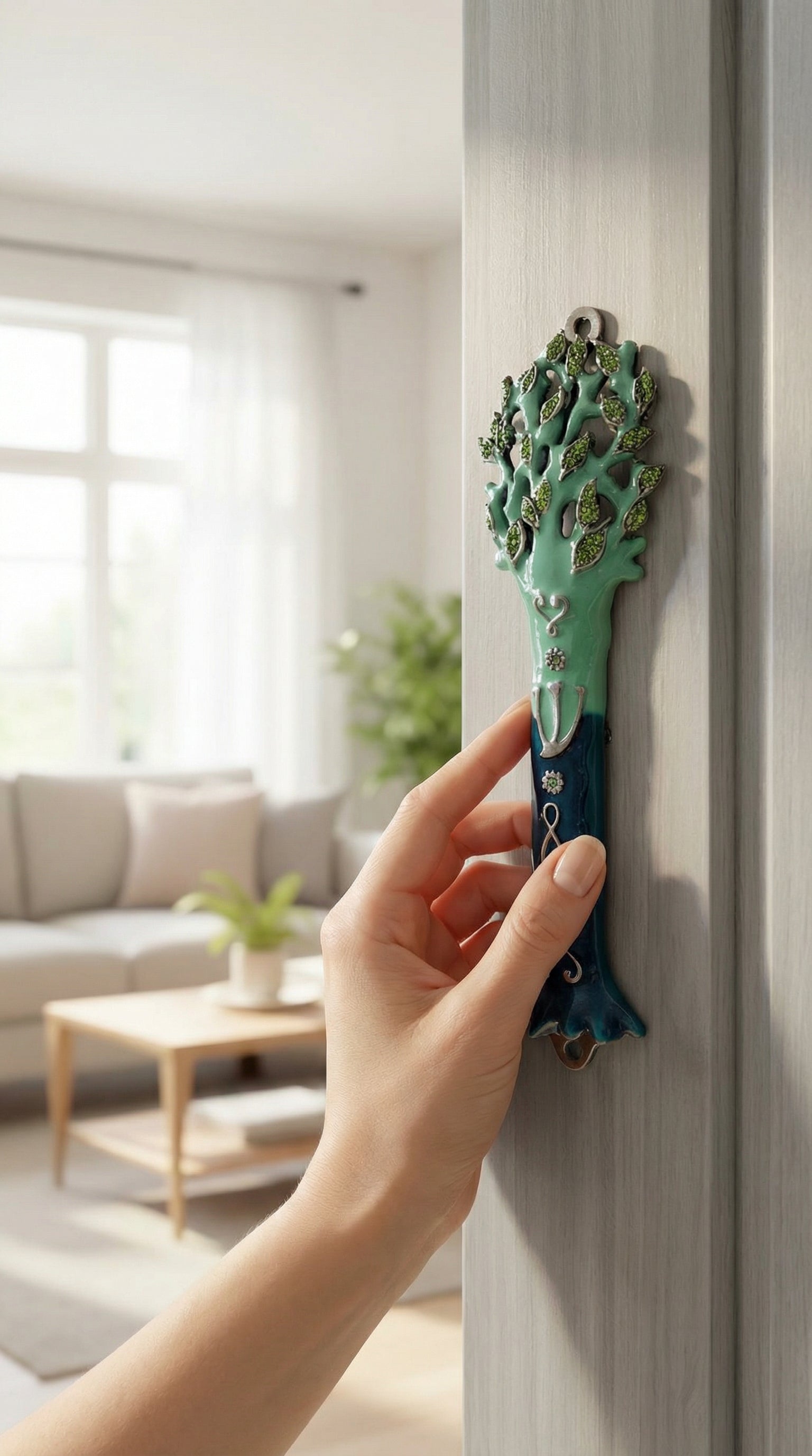 Hand applying Avatar Mezuzah to interior door, emphasizing size, texture, and craftsmanship in a minimalist home setting.