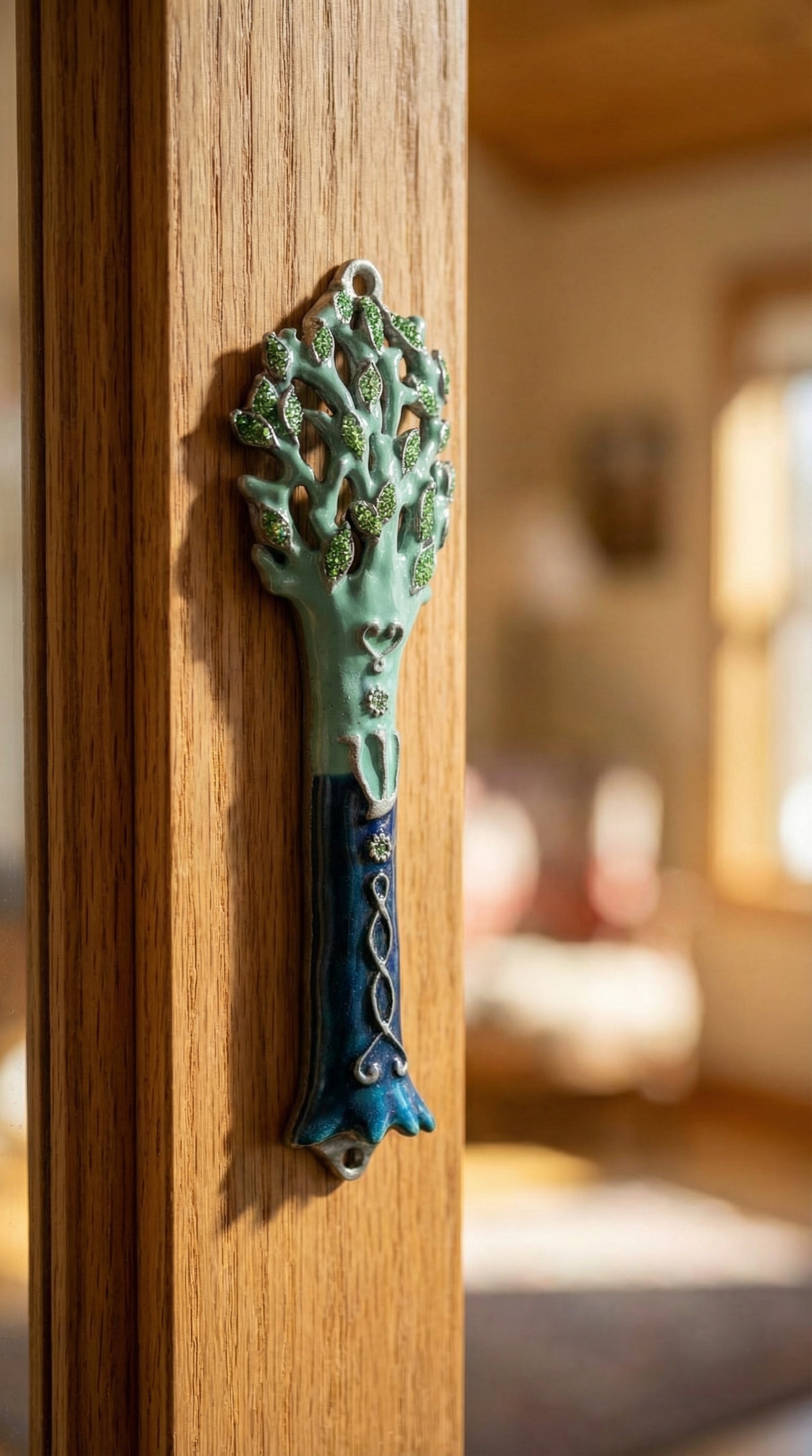 Close-up of Avatar Mezuzah on wooden door frame highlighting pewter texture and hand-painted enamel details in blue and green.