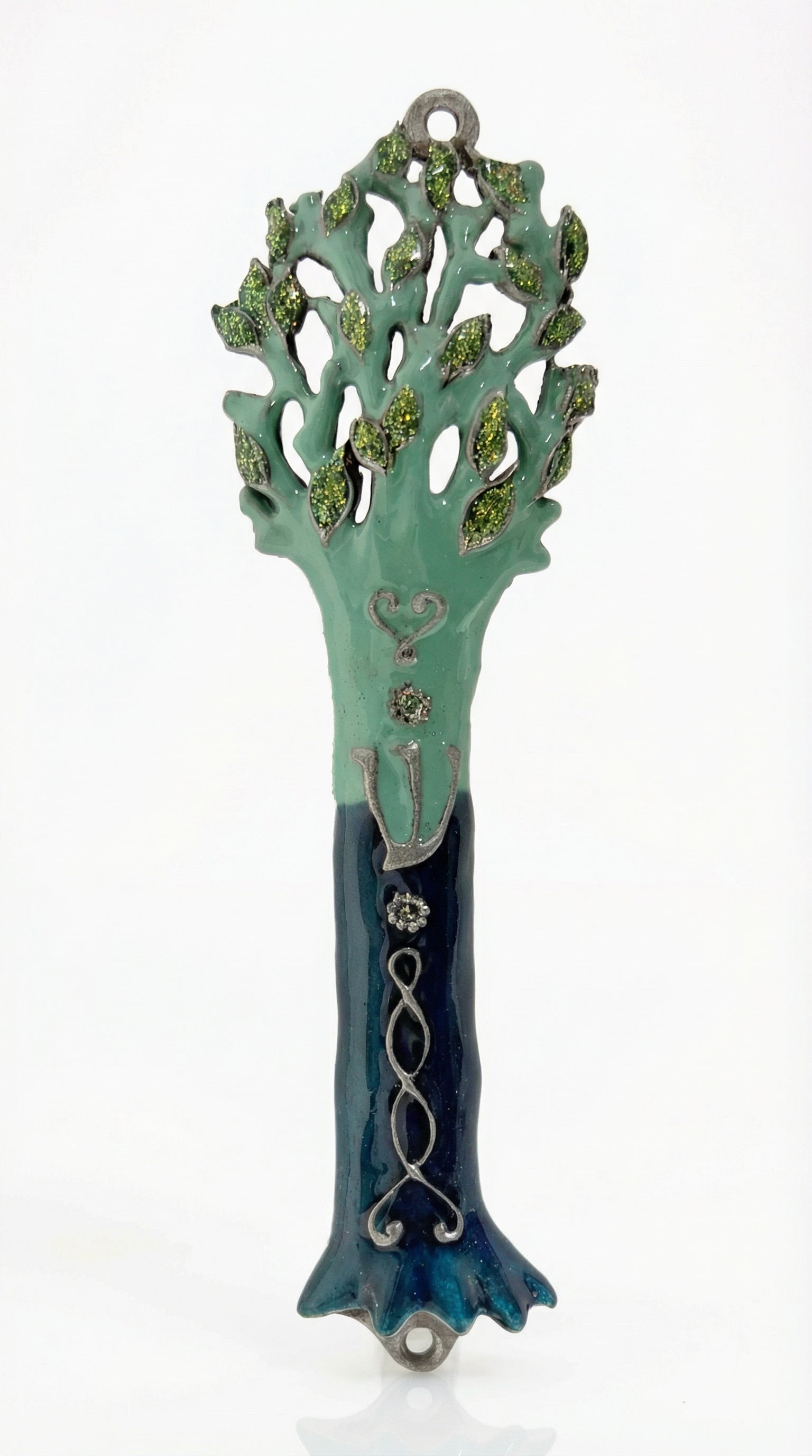 Hand-painted pewter Tree of Life mezuzah case with green and blue enamel and a silver Shin.