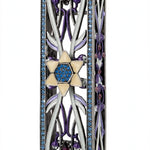 Alternate front view of the Azure Radiance Star of David Mezuzah mezuzah cover, showing silver-toned openwork, purple accents and a gold-colored Magen David with a sparkling blue center and blue decorative border and the full decorative shape in a closer product photograph of this distinctive Jewish doorway design