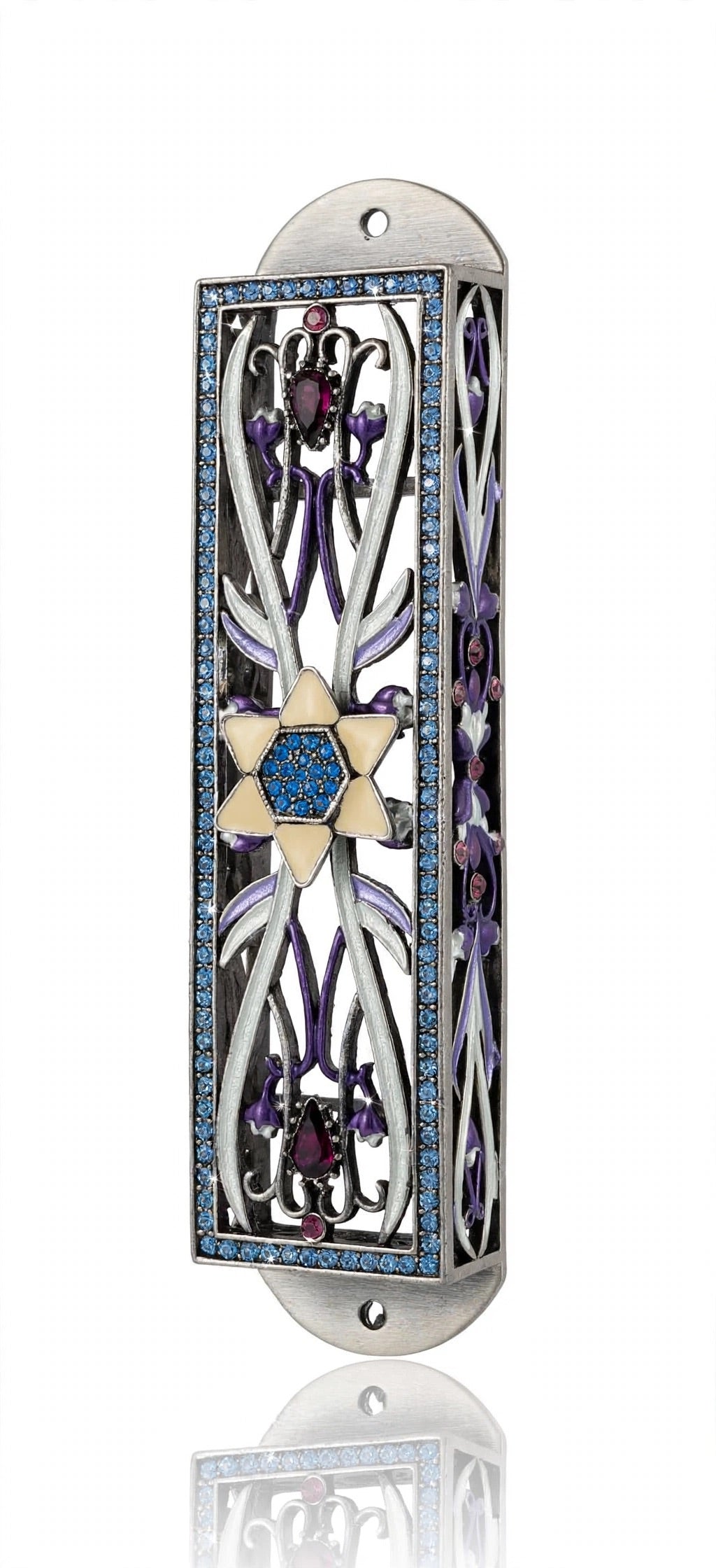 Alternate front view of the Azure Radiance Star of David Mezuzah mezuzah cover, showing silver-toned openwork, purple accents and a gold-colored Magen David with a sparkling blue center and blue decorative border and the full decorative shape in a closer product photograph of this distinctive Jewish doorway design