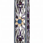 Azure Radiance Star of David Mezuzah shown from the front as a mezuzah cover featuring silver-toned openwork, purple accents and a gold-colored Magen David with a sparkling blue center and blue decorative border, presenting a detailed Judaica design for a Jewish home doorway