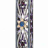 Azure Radiance Star of David Mezuzah shown from the front as a mezuzah cover featuring silver-toned openwork, purple accents and a gold-colored Magen David with a sparkling blue center and blue decorative border, presenting a detailed Judaica design for a Jewish home doorway