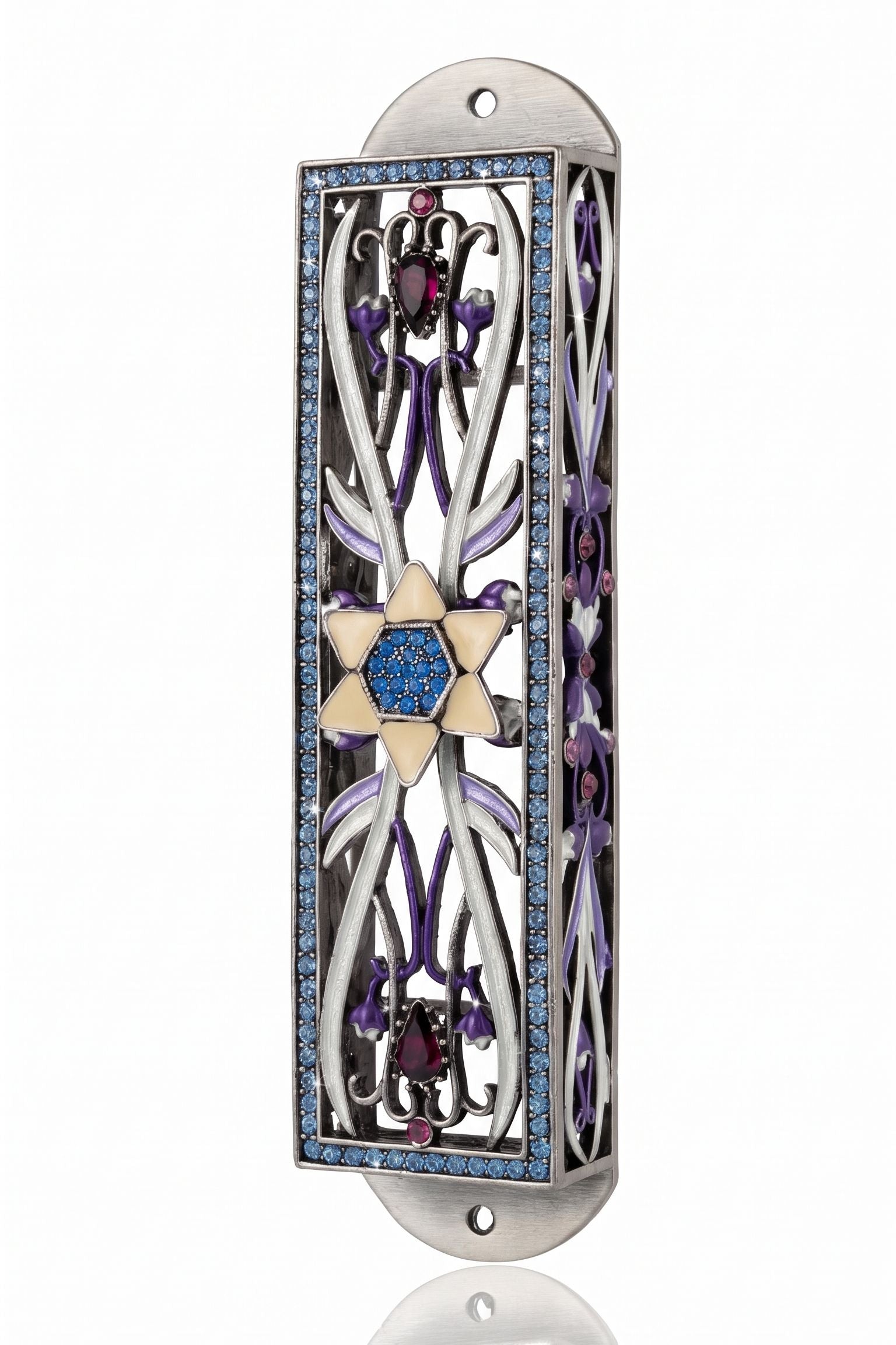 Azure Radiance Star of David Mezuzah shown from the front as a mezuzah cover featuring silver-toned openwork, purple accents and a gold-colored Magen David with a sparkling blue center and blue decorative border, presenting a detailed Judaica design for a Jewish home doorway