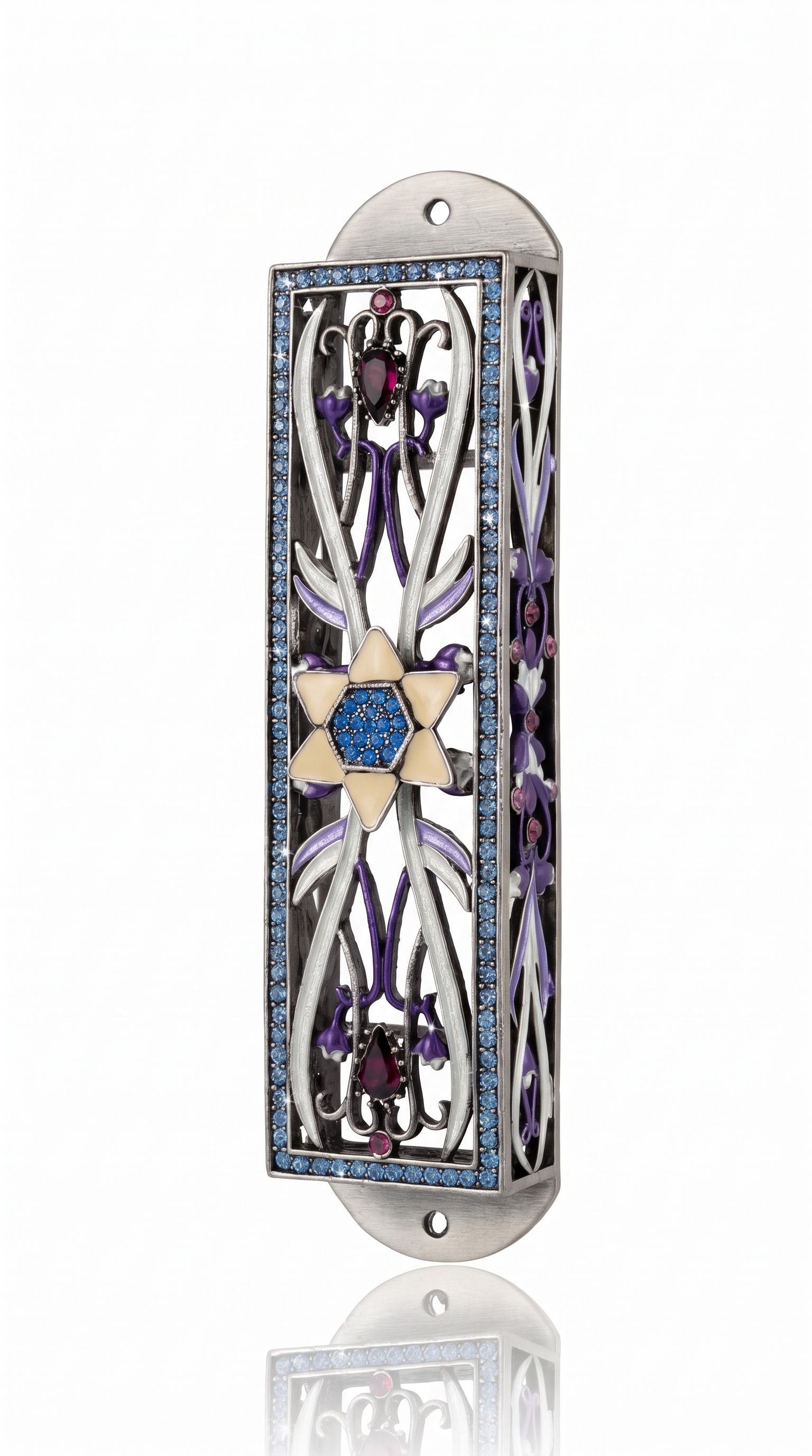 Azure Radiance Star of David Mezuzah shown from the front as a mezuzah cover featuring silver-toned openwork, purple accents and a gold-colored Magen David with a sparkling blue center and blue decorative border, presenting a detailed Judaica design for a Jewish home doorway