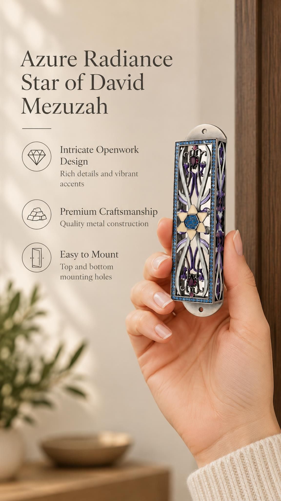 Handheld portrait of the Azure Radiance Star of David Mezuzah mezuzah cover, with silver-toned openwork, purple accents and a gold-colored Star of David with a sparkling blue center and blue border clearly visible beside the product name and illustrated features of this distinctive Jewish doorway design