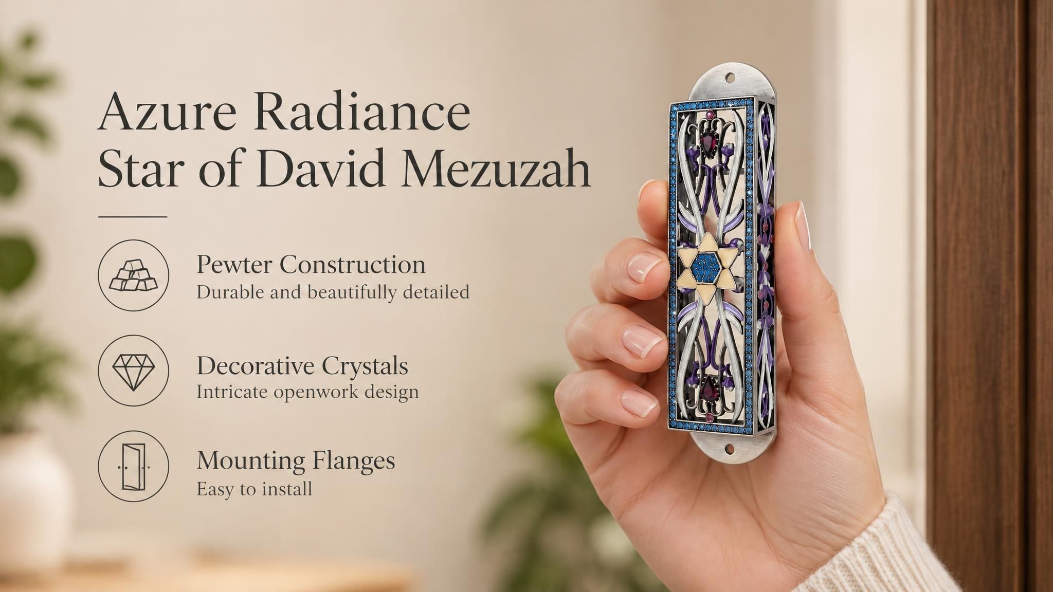 Azure Radiance Star of David Mezuzah mezuzah cover held upright in one hand, showing silver-toned openwork, purple accents and a gold-colored Magen David with a sparkling blue center and blue decorative border beside the product name and illustrated design features in a wide social-sharing graphic for decorative Jewish home Judaica