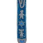 Playful B is for Baby Mezuzah with kids images and Star of David, designed for children's rooms or as a baby gift, made of pewter and enamel.