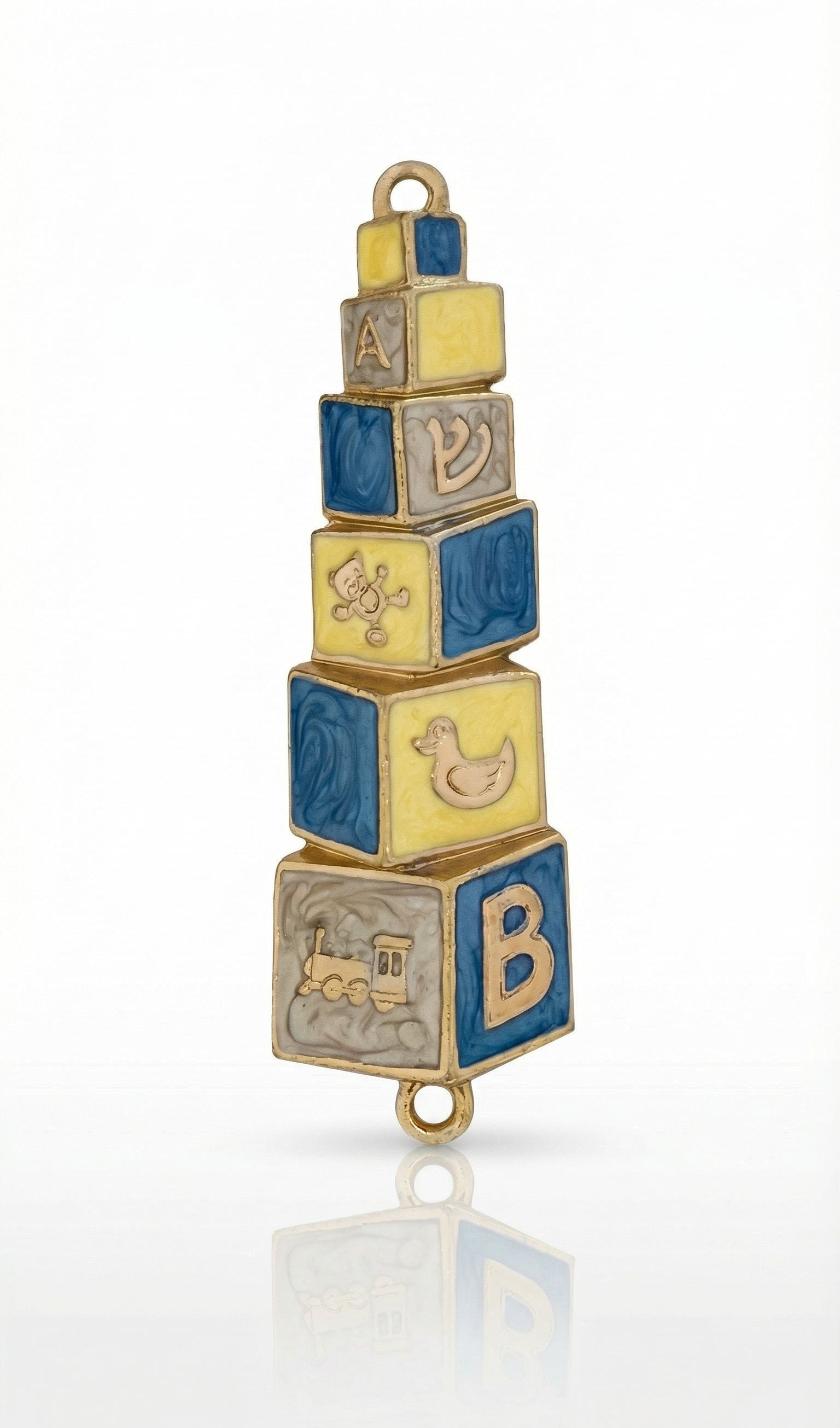 Hand painted blue and yellow baby mezuzah made of brass with enamel paint, 4 inches tall, displayed on a white background with soft reflection.