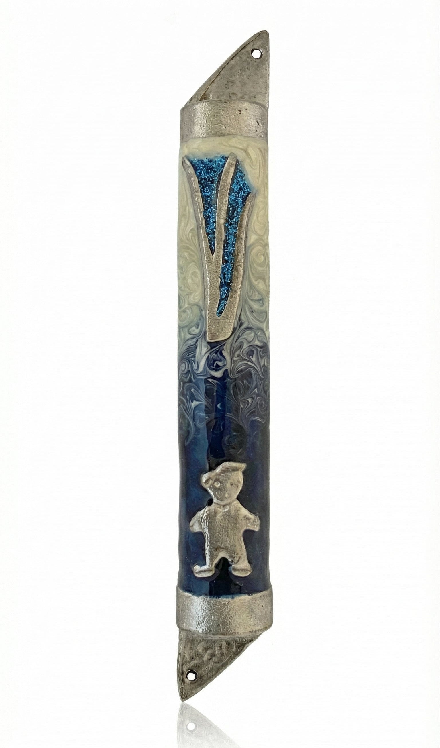 High-quality baby boy mezuzah made of pewter with hand-painted enamel, measuring 5.2 inches tall, suitable for home doorways, detailed finish.