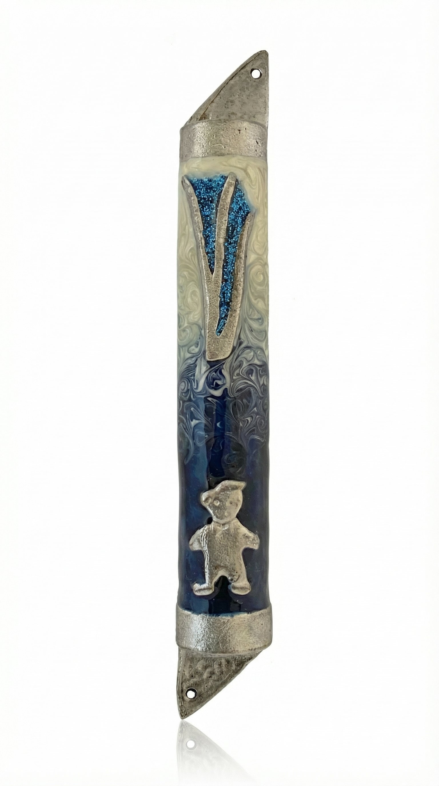 High-quality baby boy mezuzah made of pewter with hand-painted enamel, measuring 5.2 inches tall, suitable for home doorways, detailed finish.