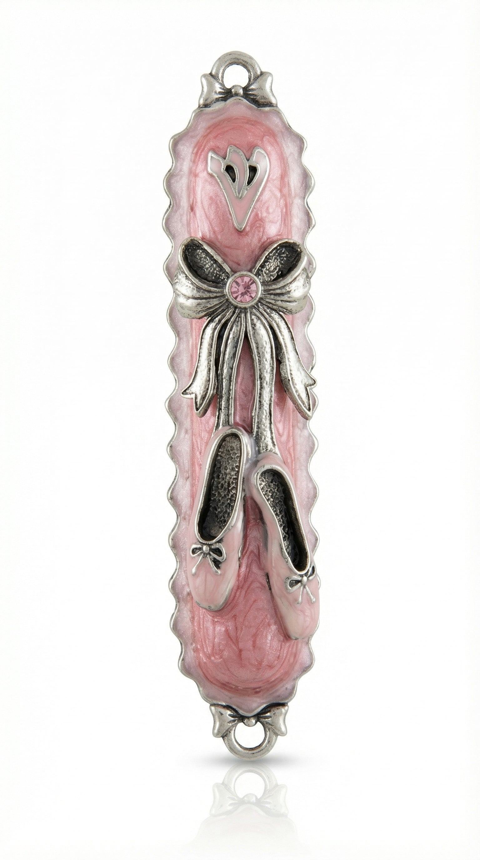 Delicate pewter Mezuzah featuring ballet slipper design, hand-painted with enamel, 4-inch tall, with a scroll option, suitable for Jewish doorways.