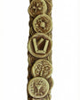 Brass Bar Kochva coin mezuzah with detailed engraved Hebrew letters and archaeological inscription, displayed on a white studio background with subtle reflection.