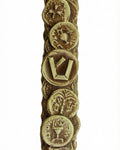 Brass Bar Kochva coin mezuzah with detailed engraved Hebrew letters and archaeological inscription, displayed on a white studio background with subtle reflection.