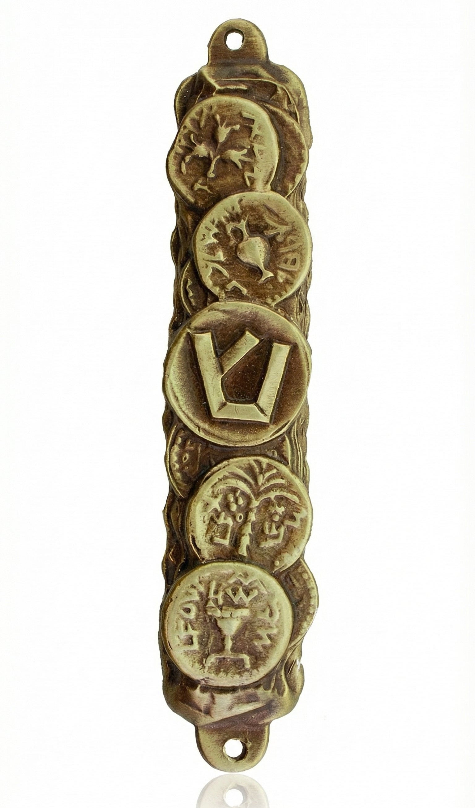 Brass Bar Kochva coin mezuzah with detailed engraved Hebrew letters and archaeological inscription, displayed on a white studio background with subtle reflection.