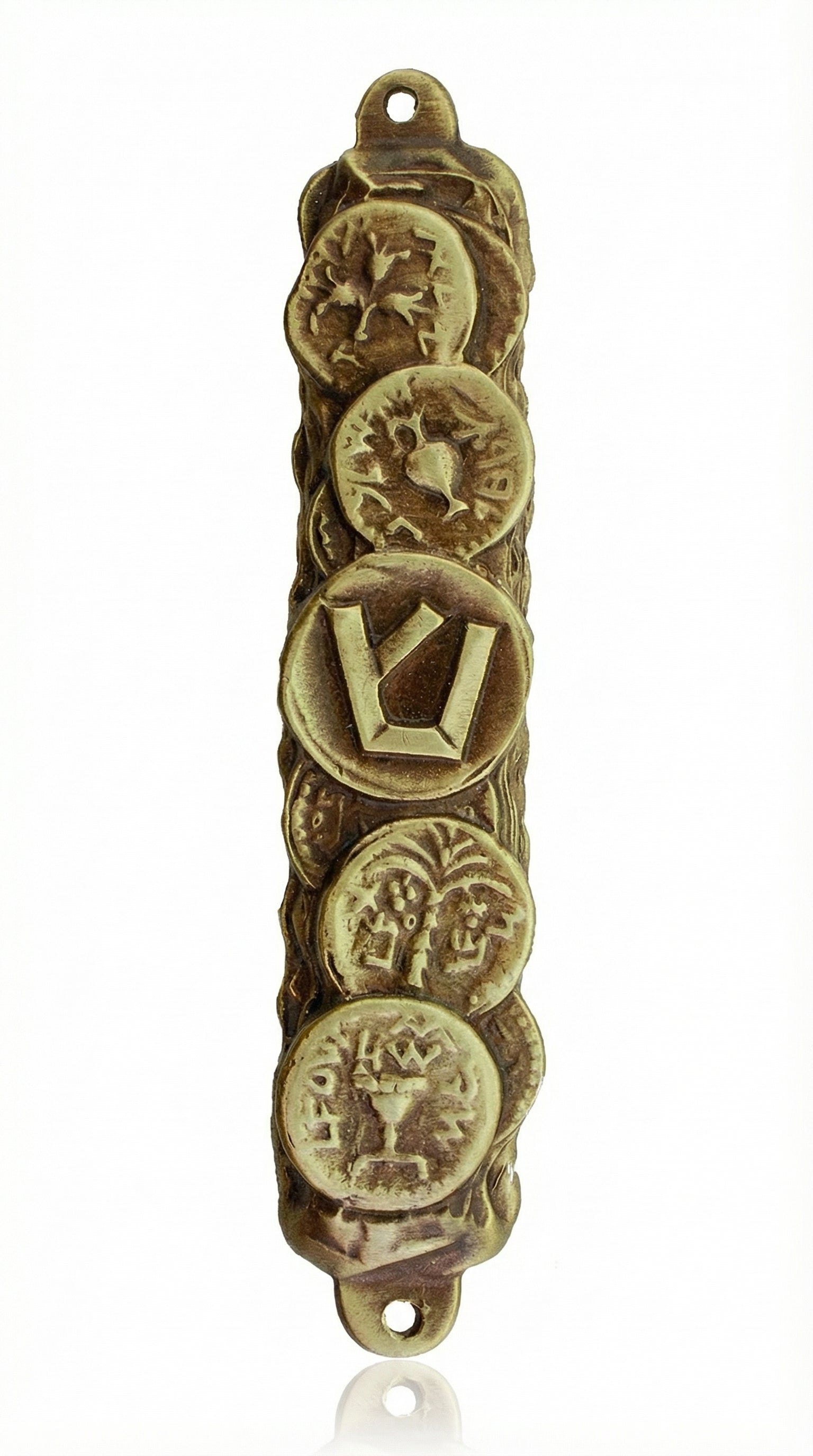 Brass Bar Kochva coin mezuzah with detailed engraved Hebrew letters and archaeological inscription, displayed on a white studio background with subtle reflection.