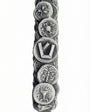 Pewter Bar Kochva Coin Mezuzah, symbol of Jewish resilience, with detailed inscriptions and decorative motifs, on a bright white background with a subtle reflection.