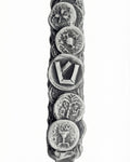 Pewter Bar Kochva Coin Mezuzah, symbol of Jewish resilience, with detailed inscriptions and decorative motifs, on a bright white background with a subtle reflection.