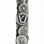 Pewter Bar Kochva Coin Mezuzah, symbol of Jewish resilience, with detailed inscriptions and decorative motifs, on a bright white background with a subtle reflection.