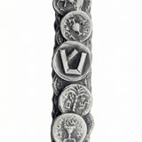 Pewter Bar Kochva Coin Mezuzah, symbol of Jewish resilience, with detailed inscriptions and decorative motifs, on a bright white background with a subtle reflection.