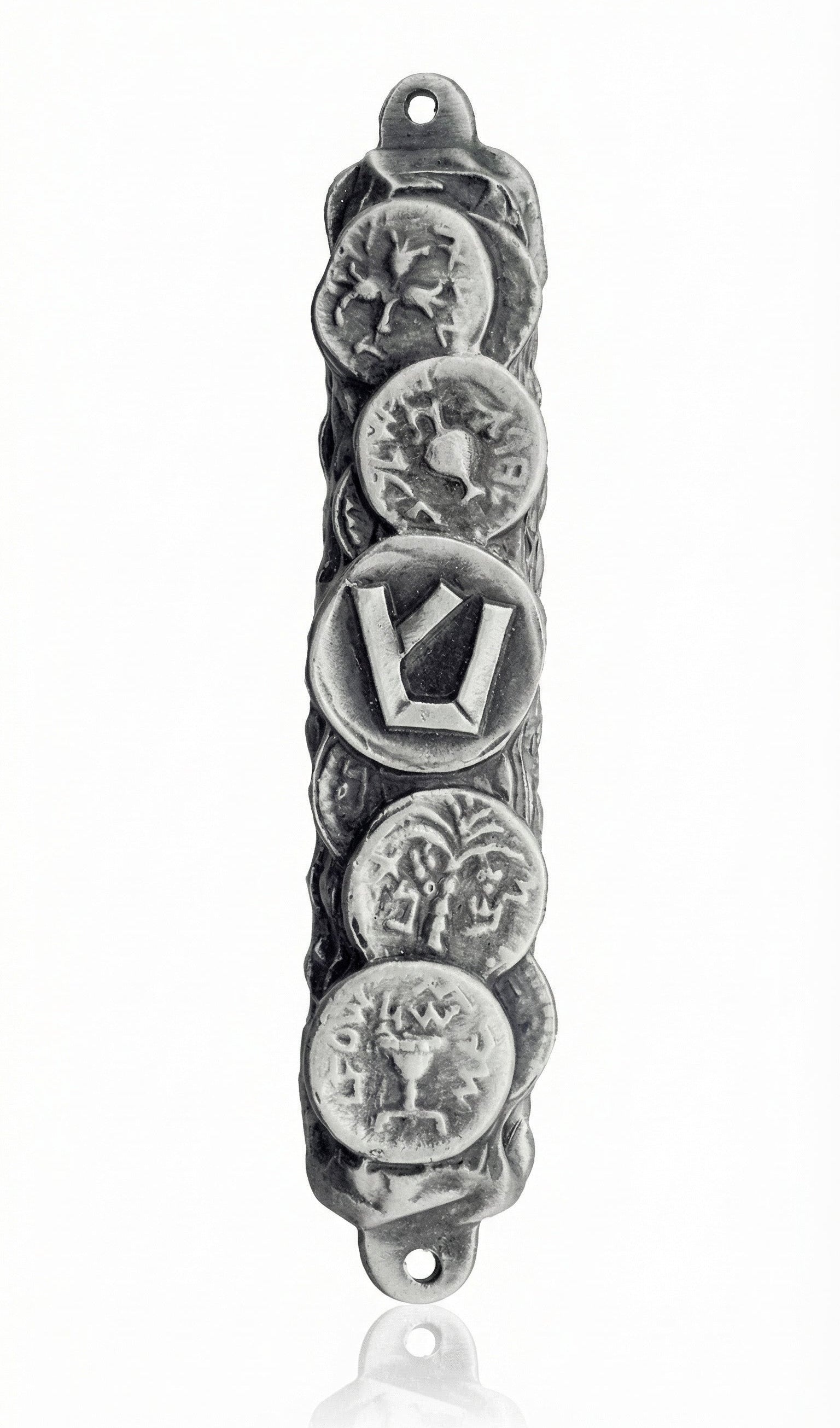 Pewter Bar Kochva Coin Mezuzah, symbol of Jewish resilience, with detailed inscriptions and decorative motifs, on a bright white background with a subtle reflection.