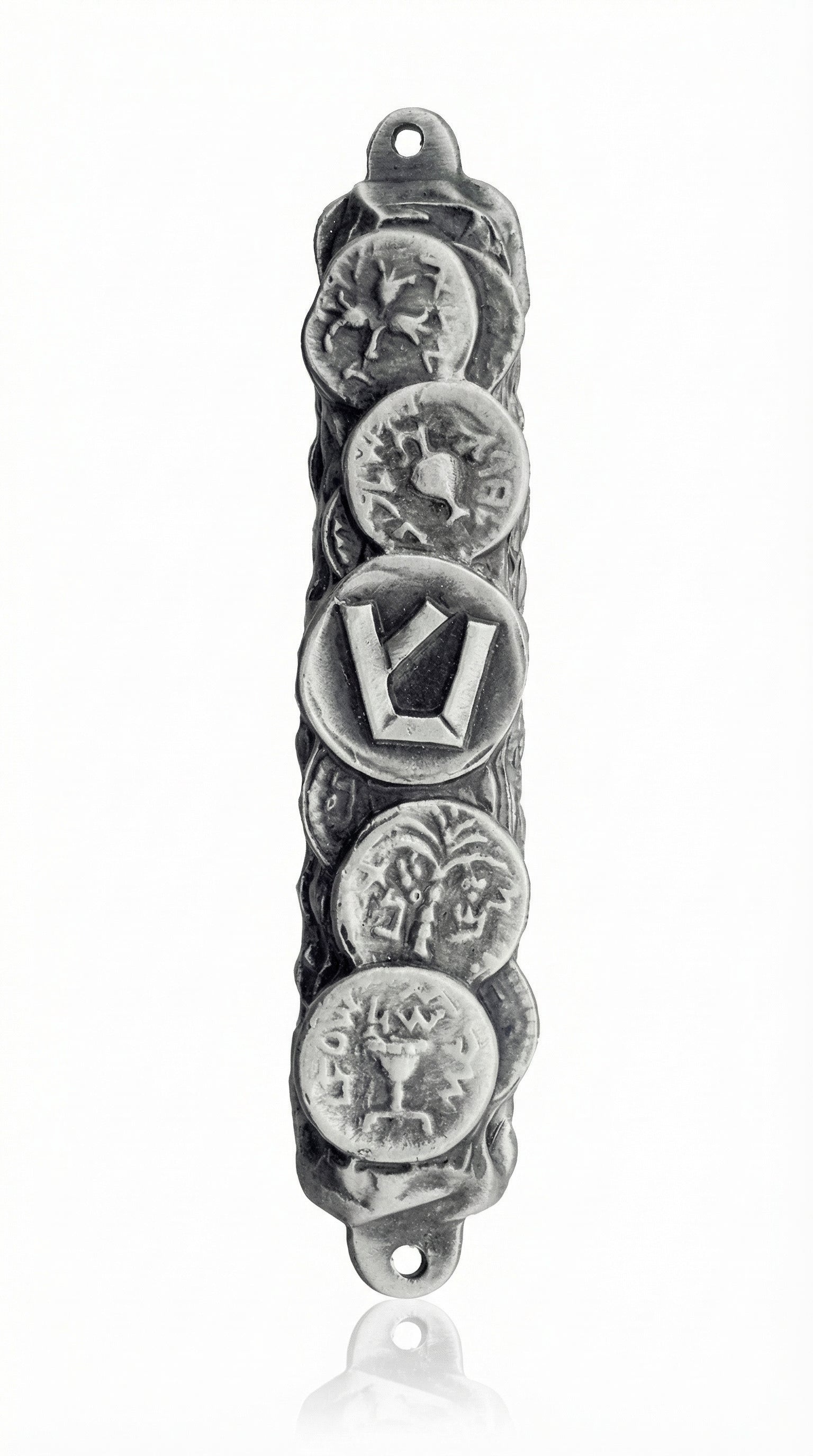 Pewter Bar Kochva Coin Mezuzah, symbol of Jewish resilience, with detailed inscriptions and decorative motifs, on a bright white background with a subtle reflection.