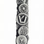 Pewter Bar Kochva Coin Mezuzah, symbol of Jewish resilience, with detailed inscriptions and decorative motifs, on a bright white background with a subtle reflection.