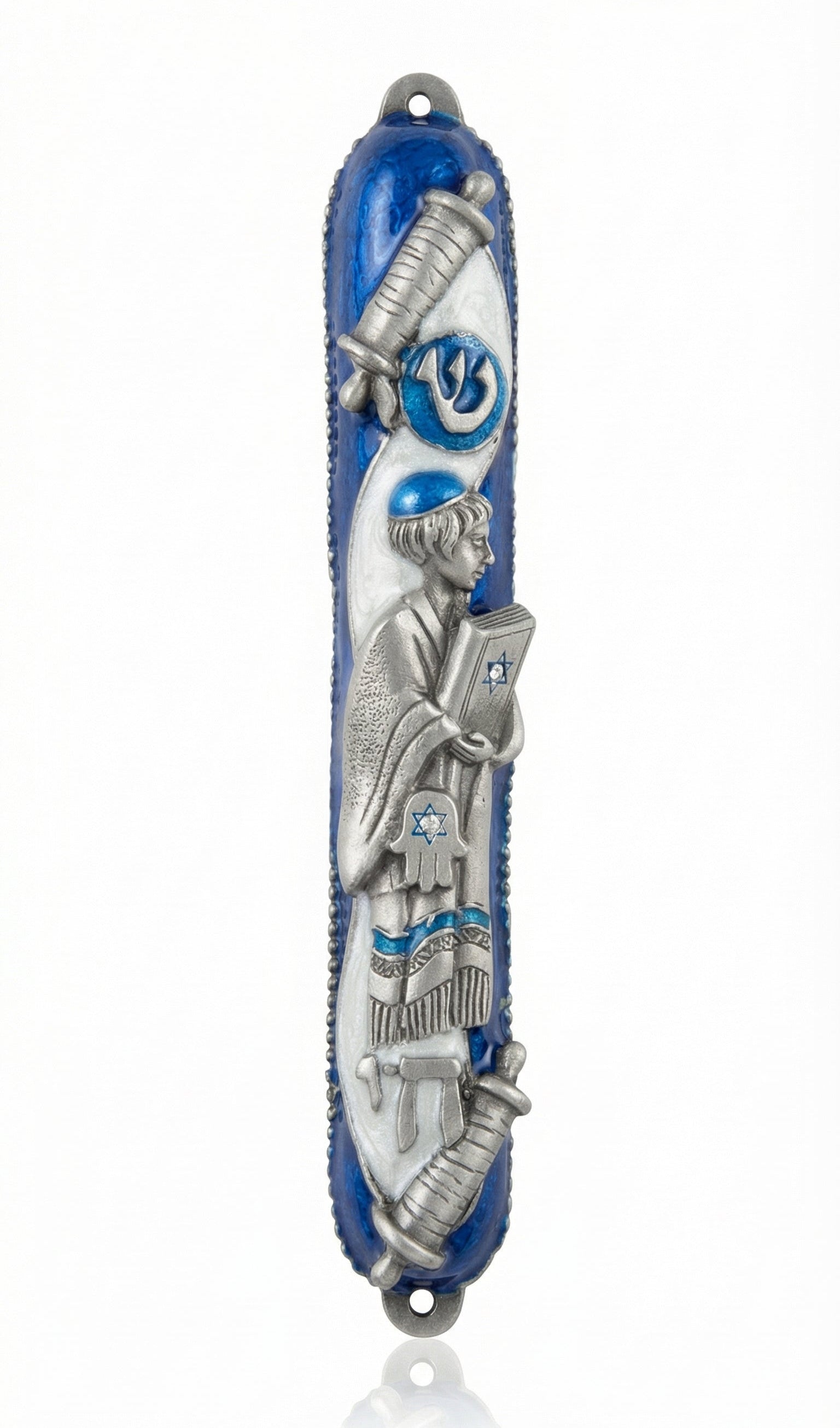 Elegant Bar Mitzvah Mezuzah featuring open Torah scroll, Jewish symbols like Hamsa, Star of David, and Hebrew 'Chai' with detailed craftsmanship.