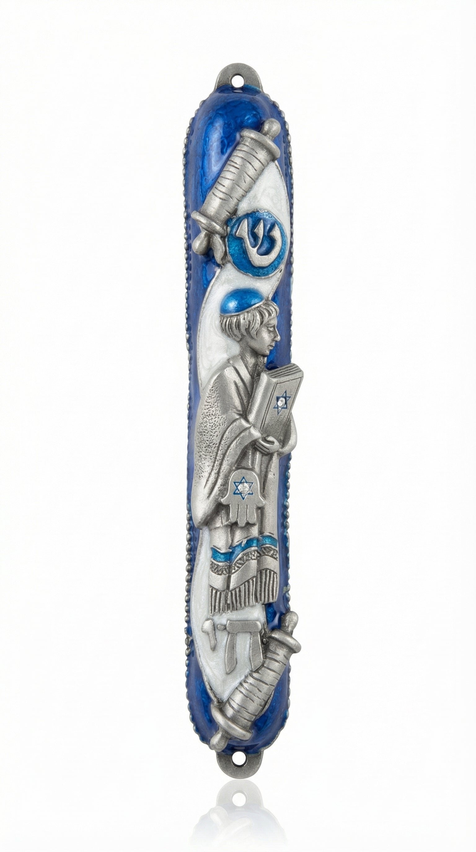 Elegant Bar Mitzvah Mezuzah featuring open Torah scroll, Jewish symbols like Hamsa, Star of David, and Hebrew 'Chai' with detailed craftsmanship.