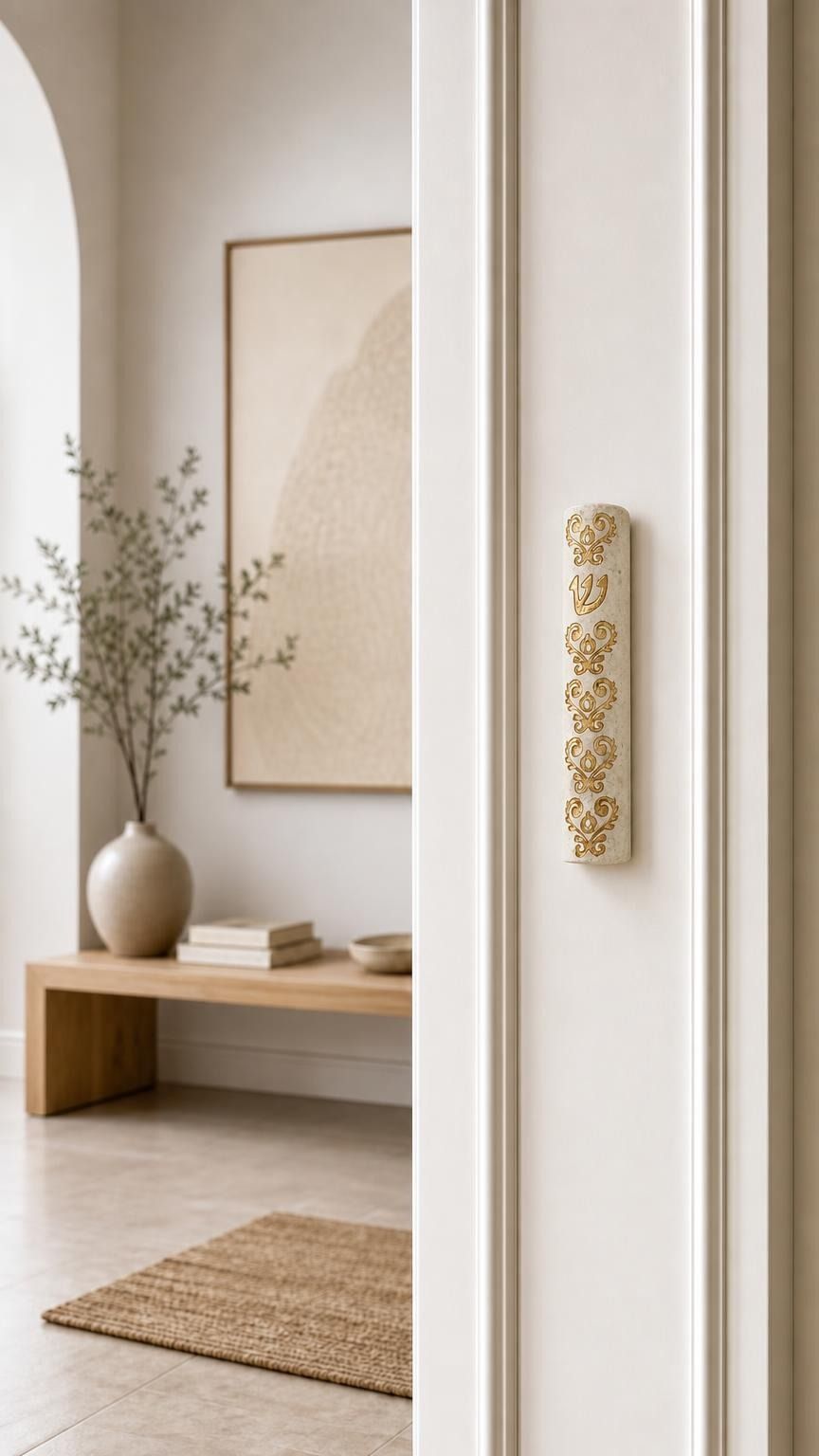 Baroque style gold and Jerusalem stone mezuzah case mounted vertically on a residential doorpost.