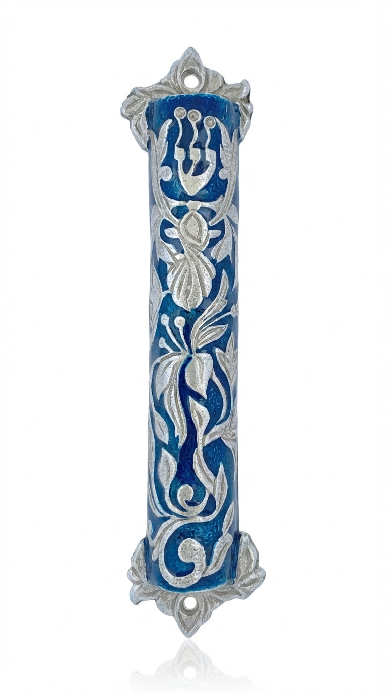 Elegant blue Baroque style Mezuzah made of pewter with hand-painted enamel, featuring decorative crown motifs, Hebrew inscriptions, and intricate design details.