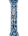 Elegant blue Baroque style Mezuzah made of pewter with hand-painted enamel, featuring decorative crown motifs, Hebrew inscriptions, and intricate design details.