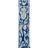 Elegant blue Baroque style Mezuzah made of pewter with hand-painted enamel, featuring decorative crown motifs, Hebrew inscriptions, and intricate design details.
