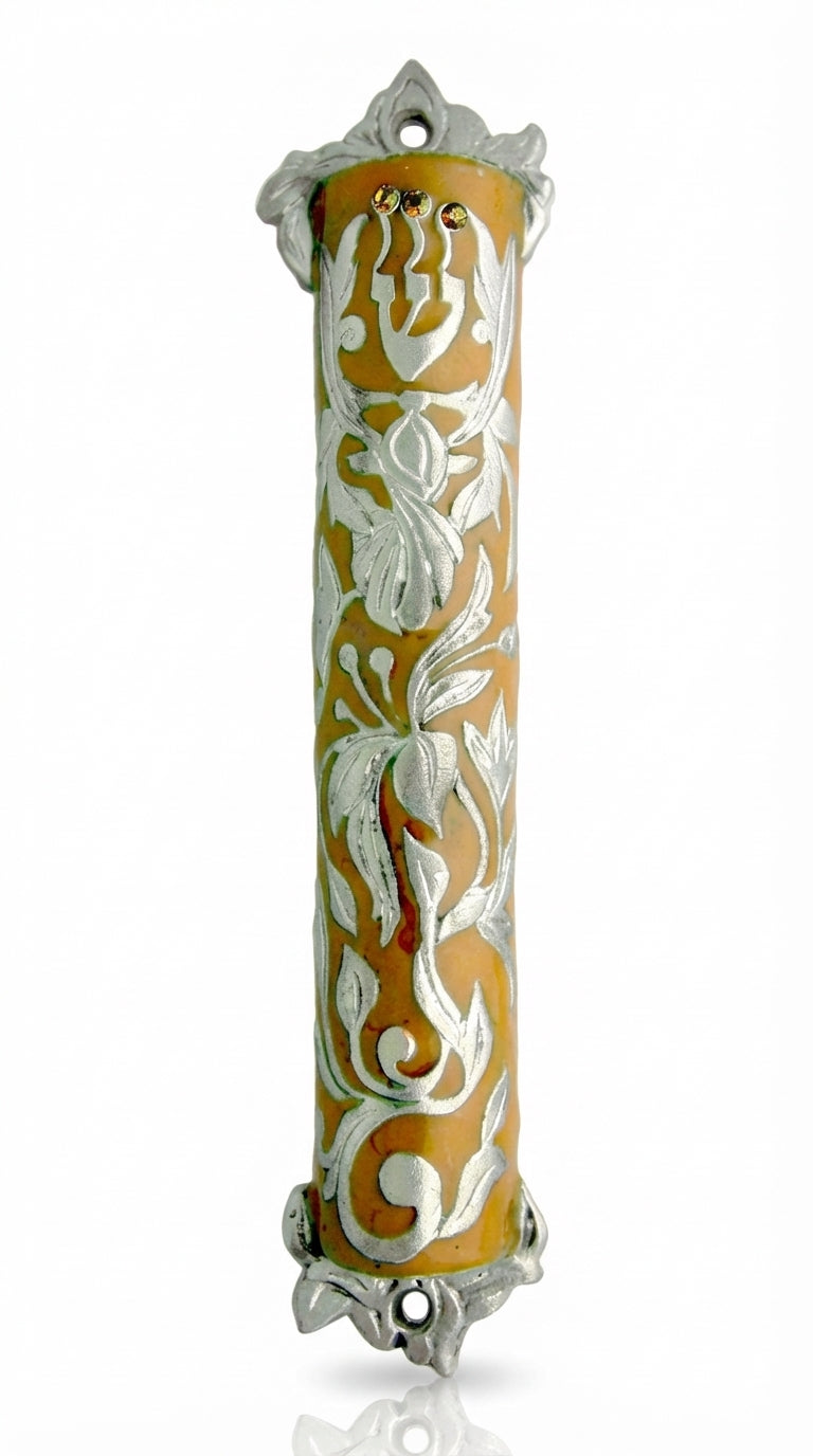 Large Baroque pewter Mezuzah with enamel accents, decorative sequins on top, designed for doorways, measures 6 inches tall.