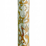 Large Baroque pewter Mezuzah with enamel accents, decorative sequins on top, designed for doorways, measures 6 inches tall.