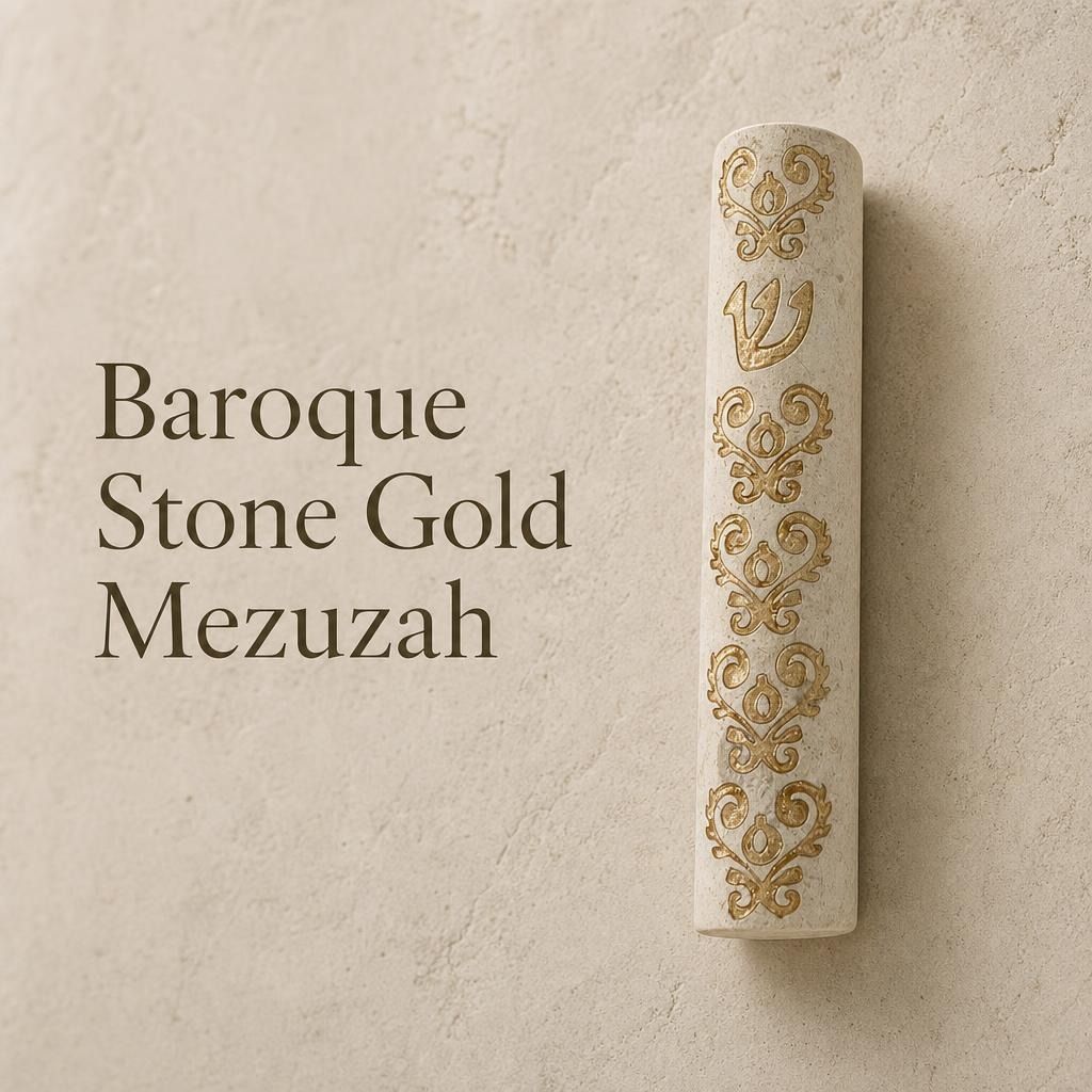 Ornate gold and Jerusalem stone mezuzah case with baroque embellishments, elegant cream and gold palette, handcrafted in Israel