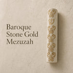 Ornate gold and Jerusalem stone mezuzah case with baroque embellishments, elegant cream and gold palette, handcrafted in Israel