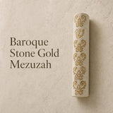 Ornate gold and Jerusalem stone mezuzah case with baroque embellishments, elegant cream and gold palette, handcrafted in Israel