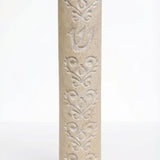 High-resolution image of a handcrafted Jerusalem stone Baroque style Mezuzah with detailed embellishments and natural stone variations, on a white background with soft reflection.