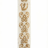Elegant gold-edged Jerusalem stone mezuzah with detailed embellishments, handcrafted in Israel, showcasing intricate design and texture.