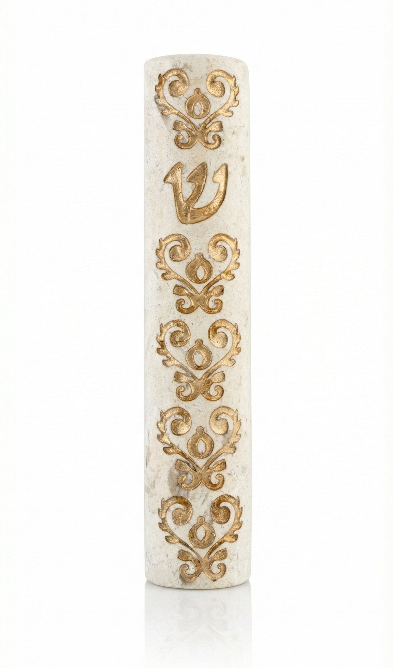 Elegant gold-edged Jerusalem stone mezuzah with detailed embellishments, handcrafted in Israel, showcasing intricate design and texture.