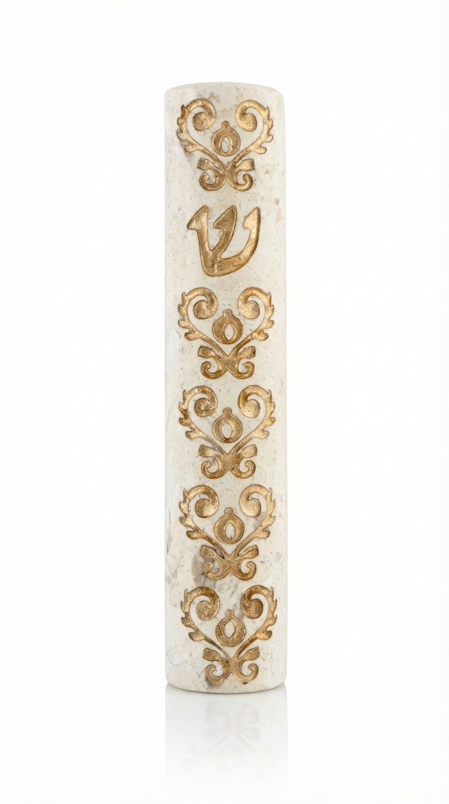 Elegant gold-edged Jerusalem stone mezuzah with detailed embellishments, handcrafted in Israel, showcasing intricate design and texture.