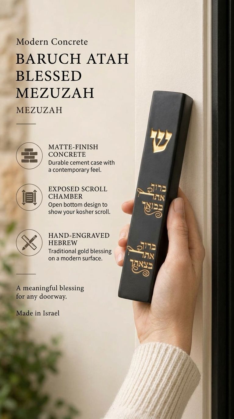 Person holding a black concrete mezuzah with gold Hebrew engraving featuring a blessing for the home entrance.