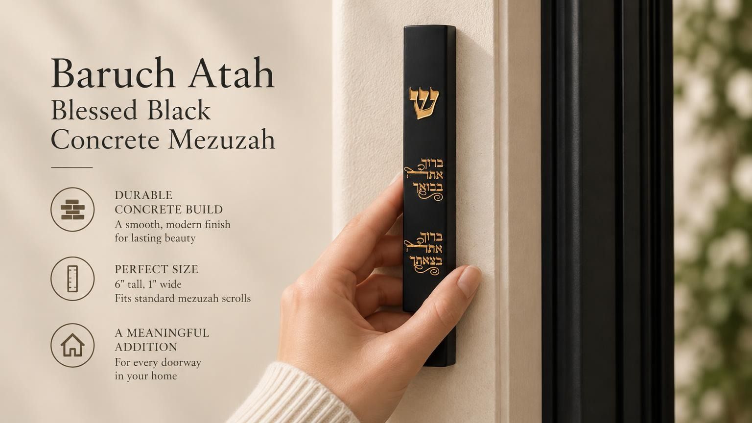 Person holding a black concrete mezuzah with gold Hebrew engraving in a bright, neutral-toned editorial setting.