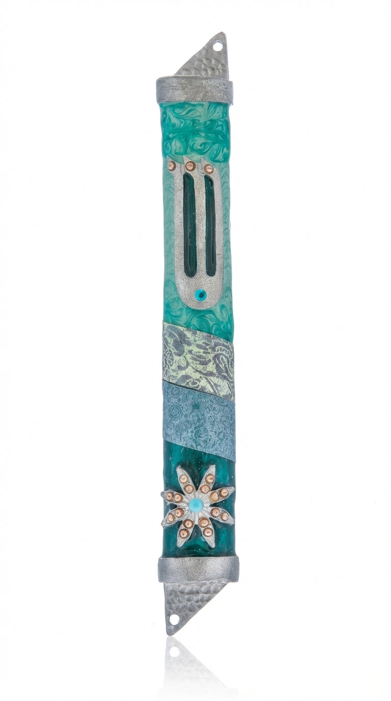 Upscale, detailed Ocean Mezuzah made of pewter with enamel finish, designed for home doorways, showcasing engraved Hebrew letters and decorative motifs.